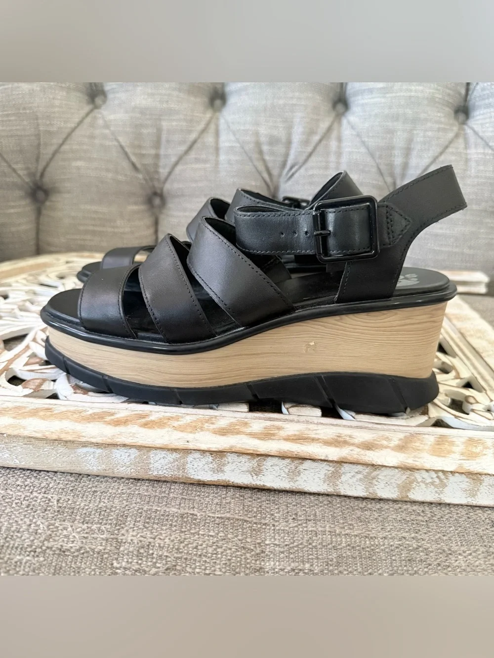 Sorel Black Leather Wide Strap Wedge Platform Sandals Shoes Women’s 10 - Picture 2 of 12